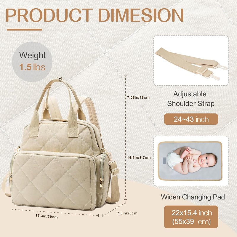 Mozzilog Large Diaper Bags with Changing Pad, 6 in 1 Travel Diapers Backpack, Baby Bag for Mom Quilted Mommy Daipering, Hospital Bag for Women Labor Delivery Maternity Tote (Light Khaki) - Image 5